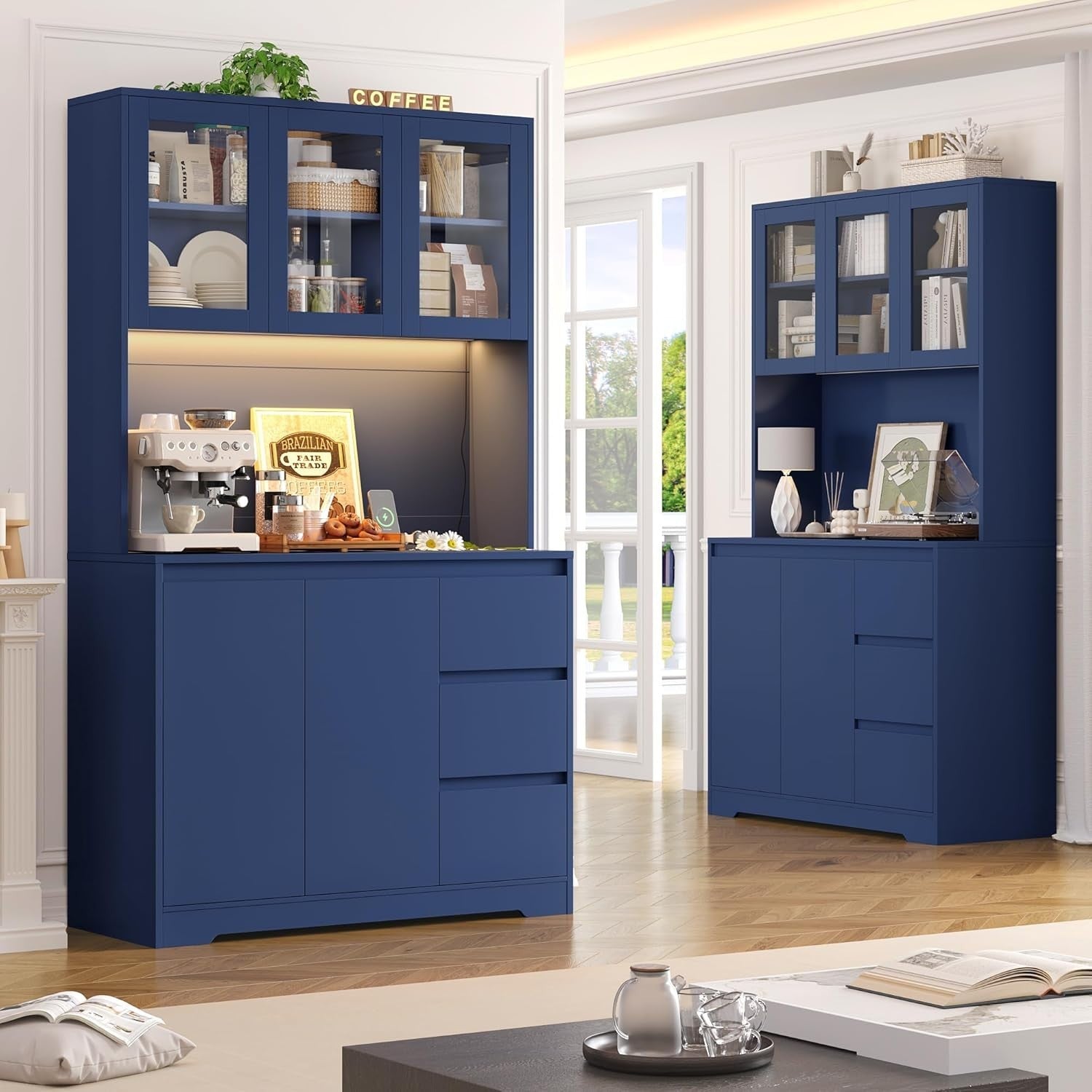 Blue Tall Kitchen Cupboard with LED, Shelves, Drawers & Power Sockets