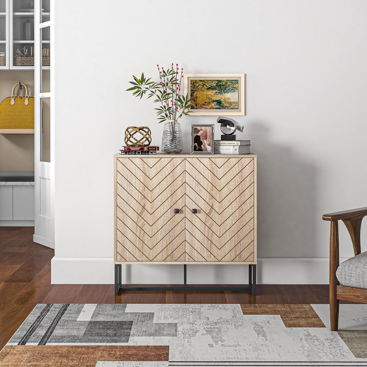 Modern Storage Cabinet with Adjustable Shelf Metal Base 2 Door Sideboard