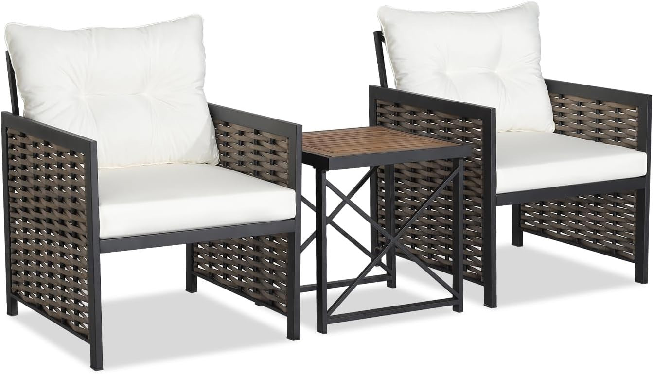 Patio Rattan Bistro Seating Set Acacia Wood Table Deep Cushions Balcony