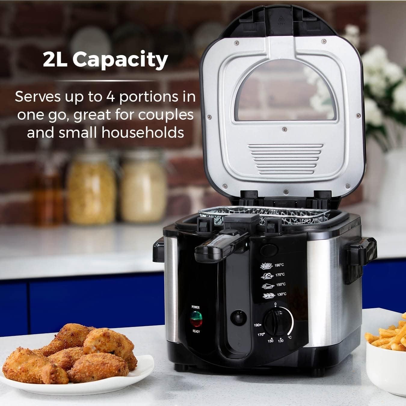 2L Deep Fat Fryer 1500W Adjustable Thermostat Large Viewing Window