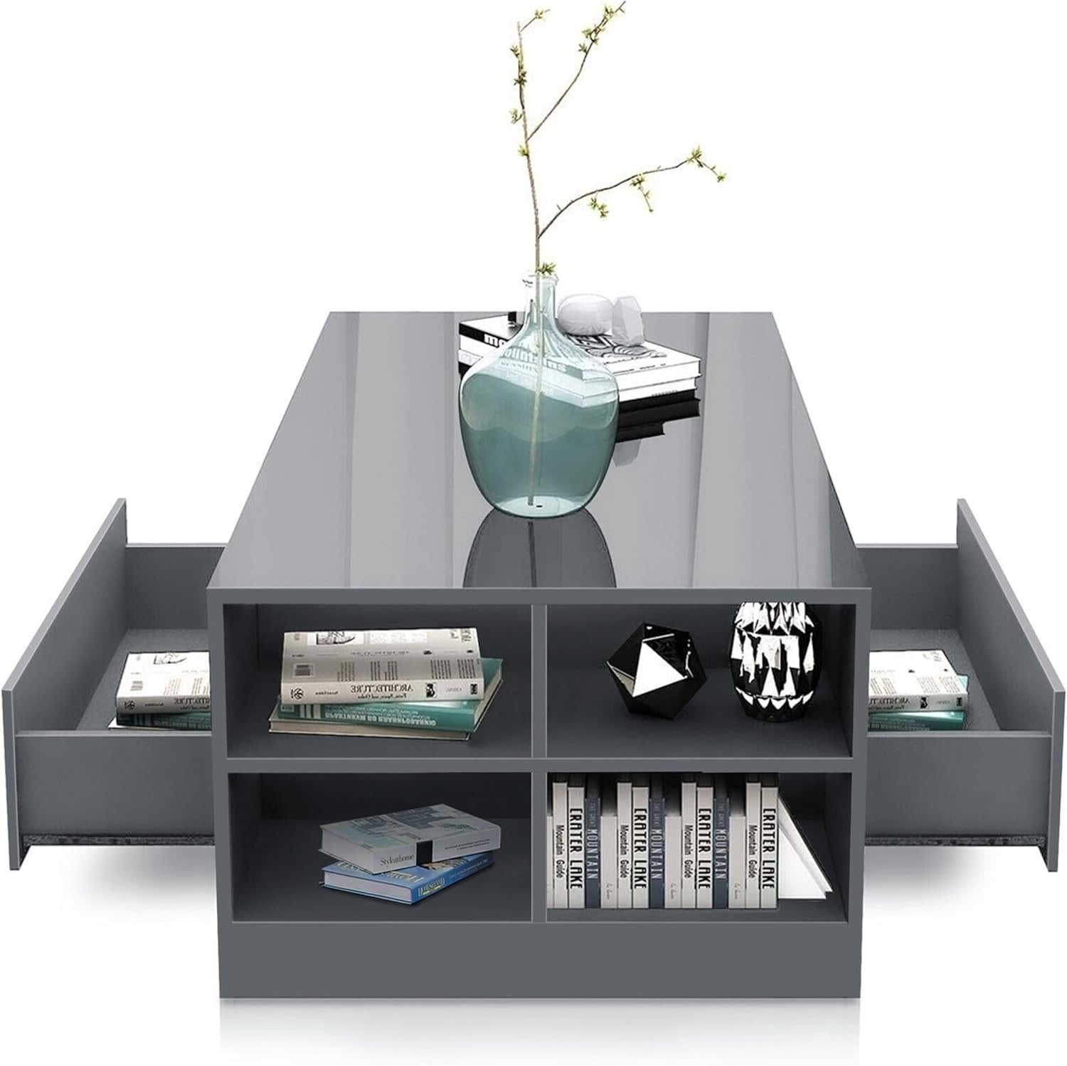 Grey High Gloss Coffee Table with 2 Drawers, LED RGB Lights & Storage 95x55x37cm