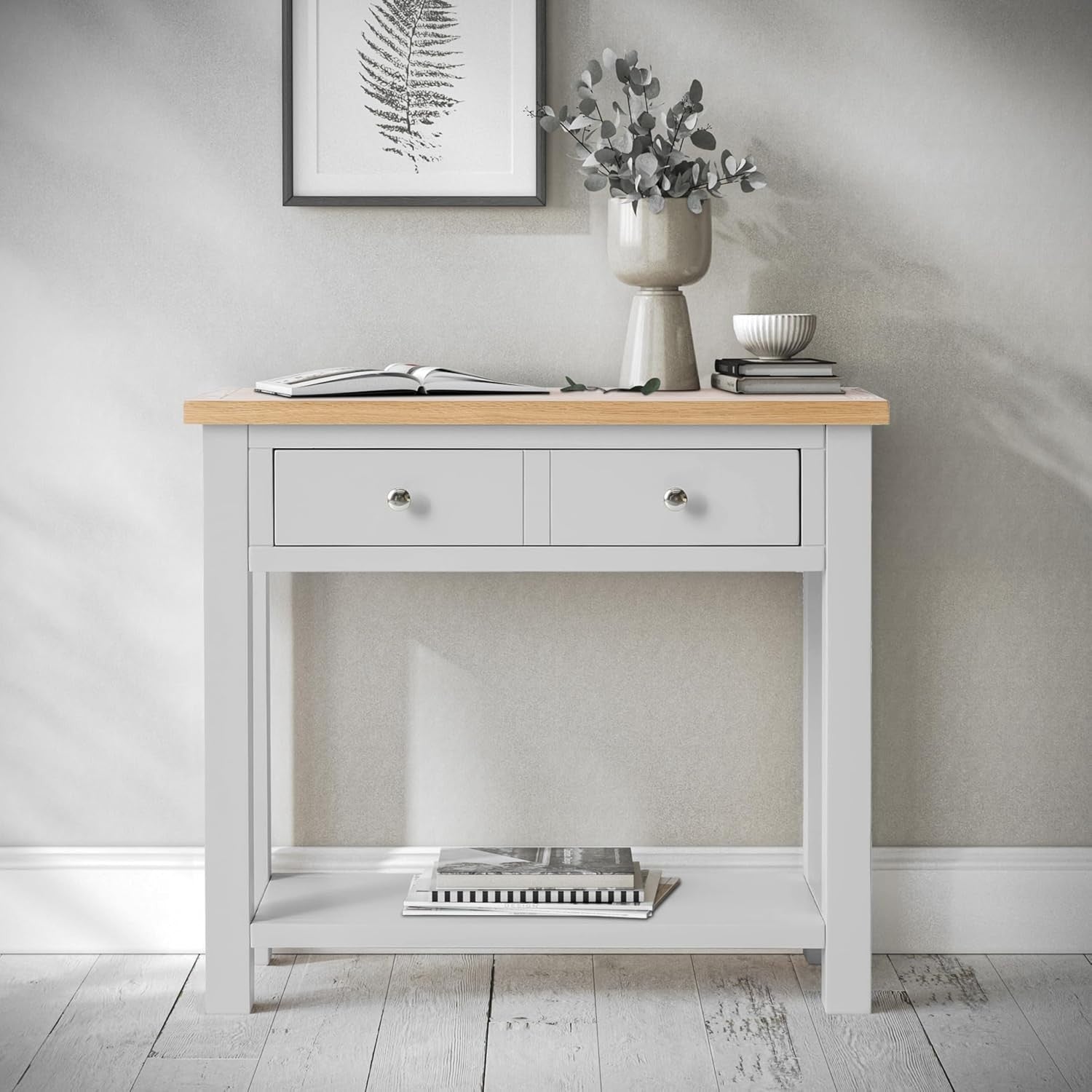 Wide Stone Grey Console Table with Drawer & Oak Top, Hallway Storage