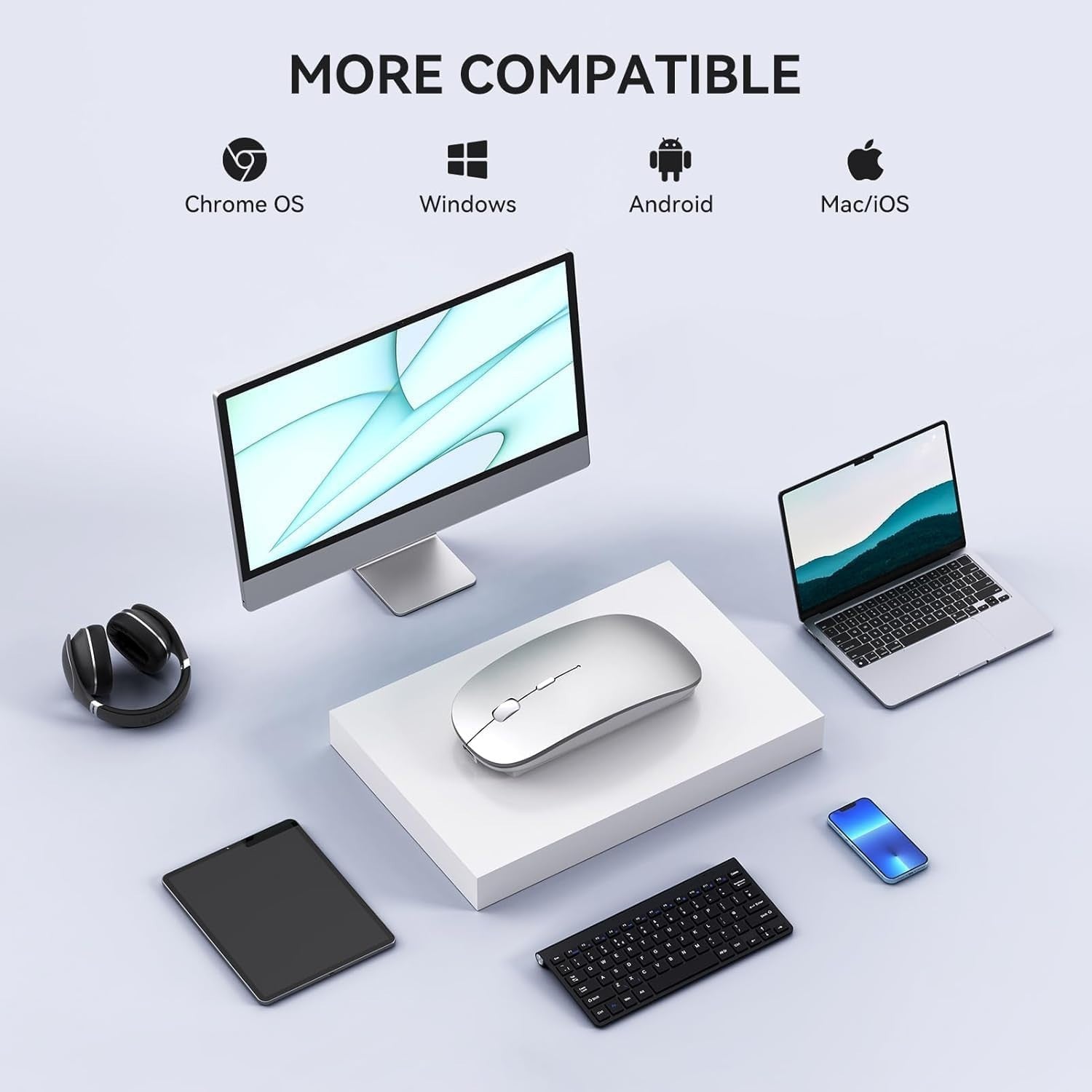 Slim Rechargeable Wireless Mouse USB-C USB-A Silent Click Laptop PC Mac