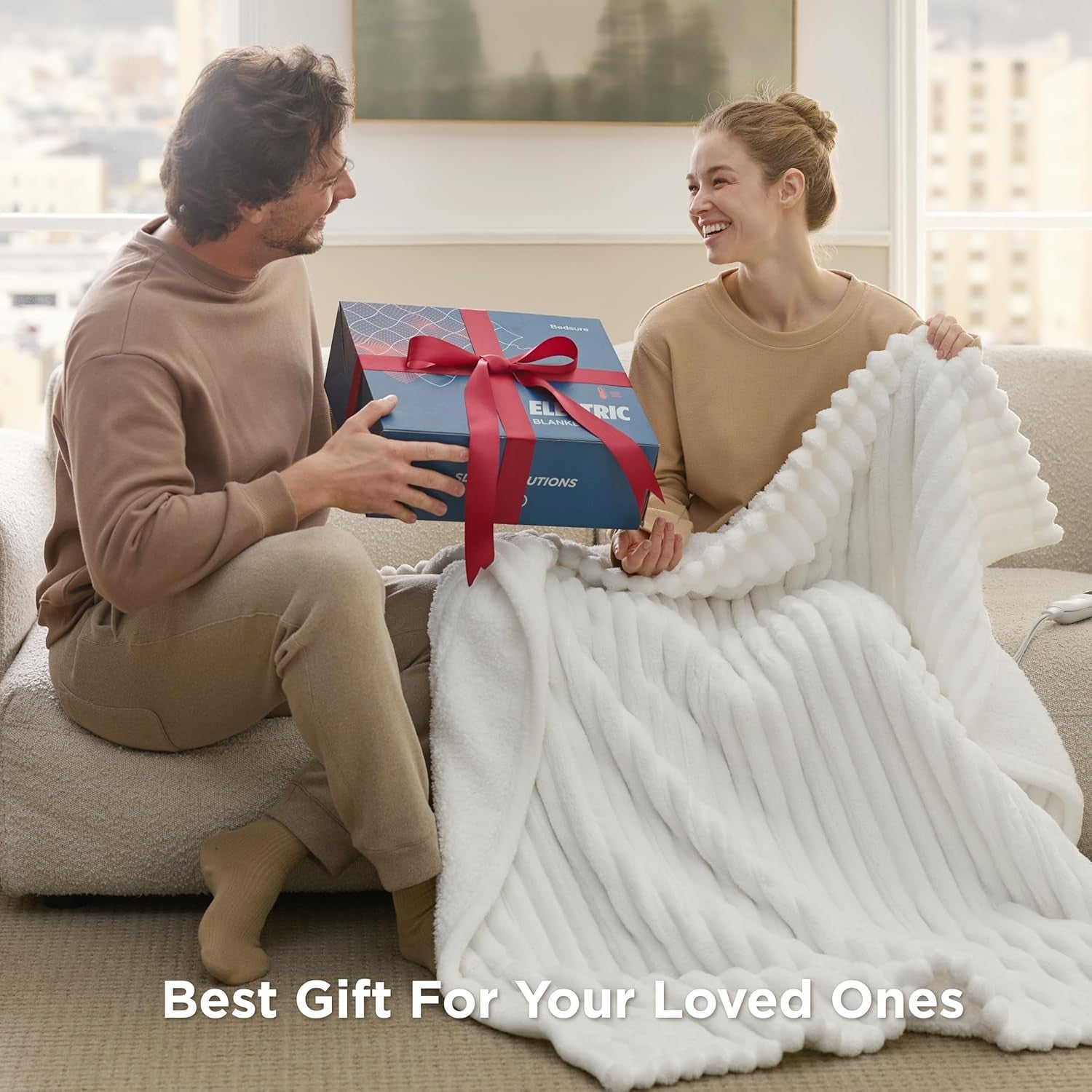 Cream Striped Electric Heated Throw Blanket 6 Heat Timer Fast Warm 160x130cm