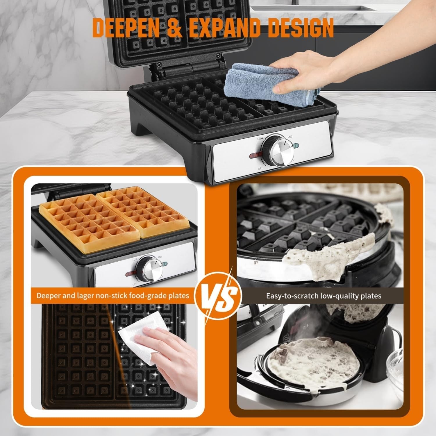 Deep Fill Waffle Maker 1600W Non-Stick Adjustable Temperature