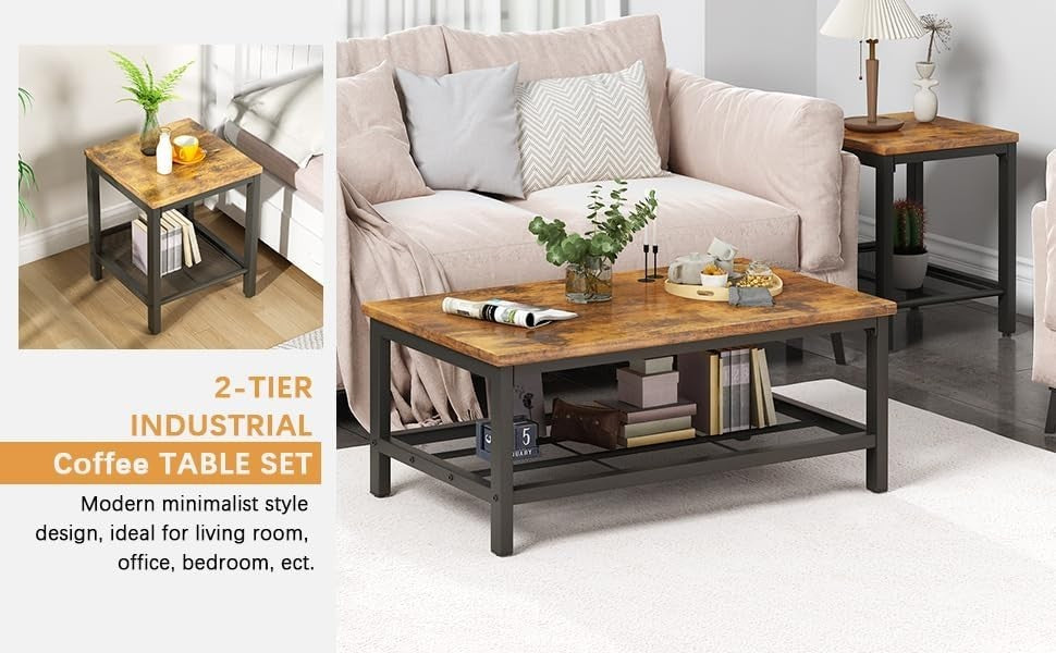 3-Piece Industrial Coffee Table Set – Rustic Wood & Metal Frame, Storage