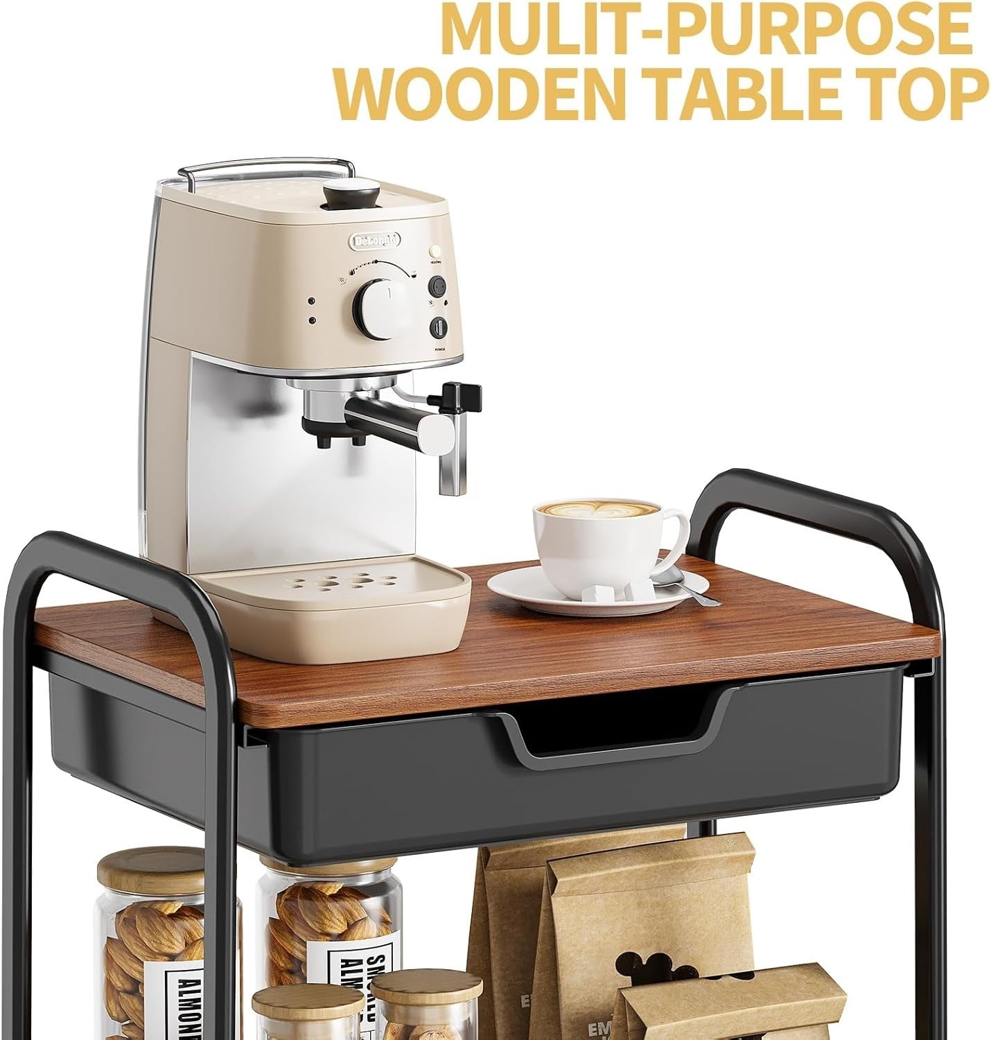 Black 3 Tier Storage Trolley on Wheels w/ Drawer