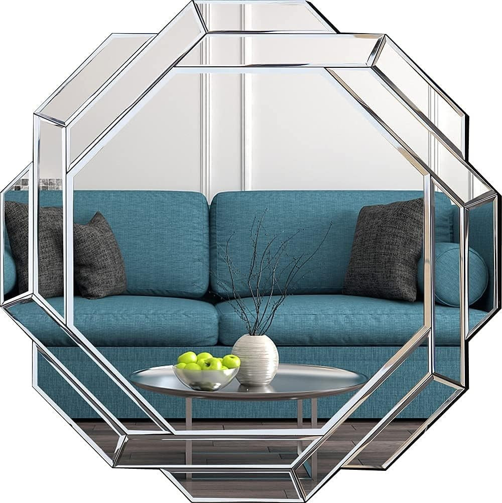Hexagonal Frameless Wall Mirror 80x80cm, Sleek Silver Beveled Design