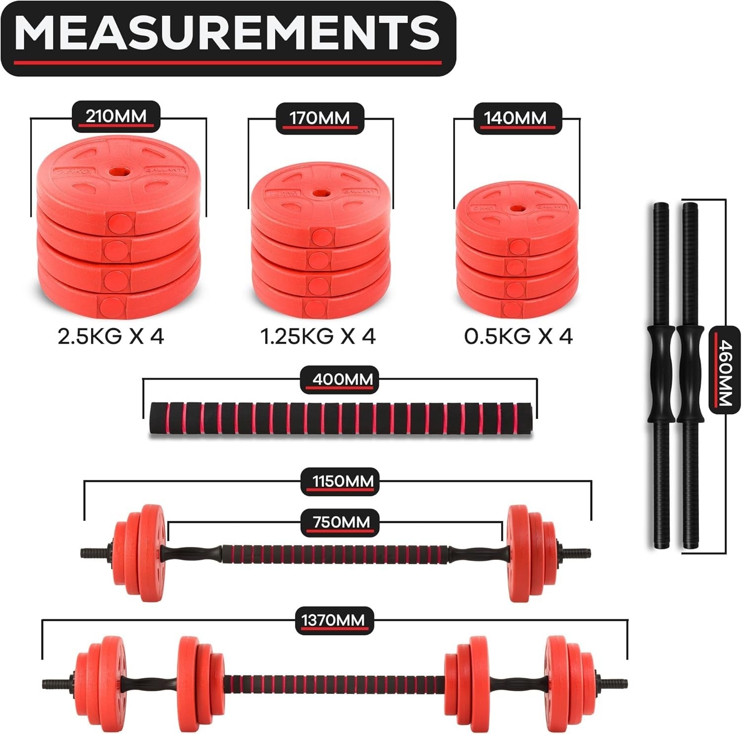 20kg Adjustable Dumbbell Barbell Set Vinyl Weights Home Gym Red