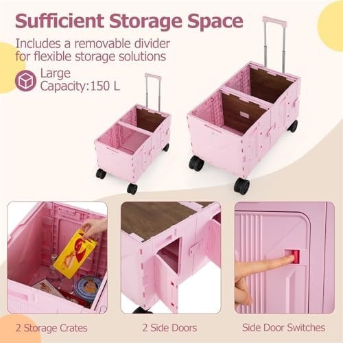 150L Folding Shopping Trolley Wagon Cart 5 Wheels Telescoping Handle Pink