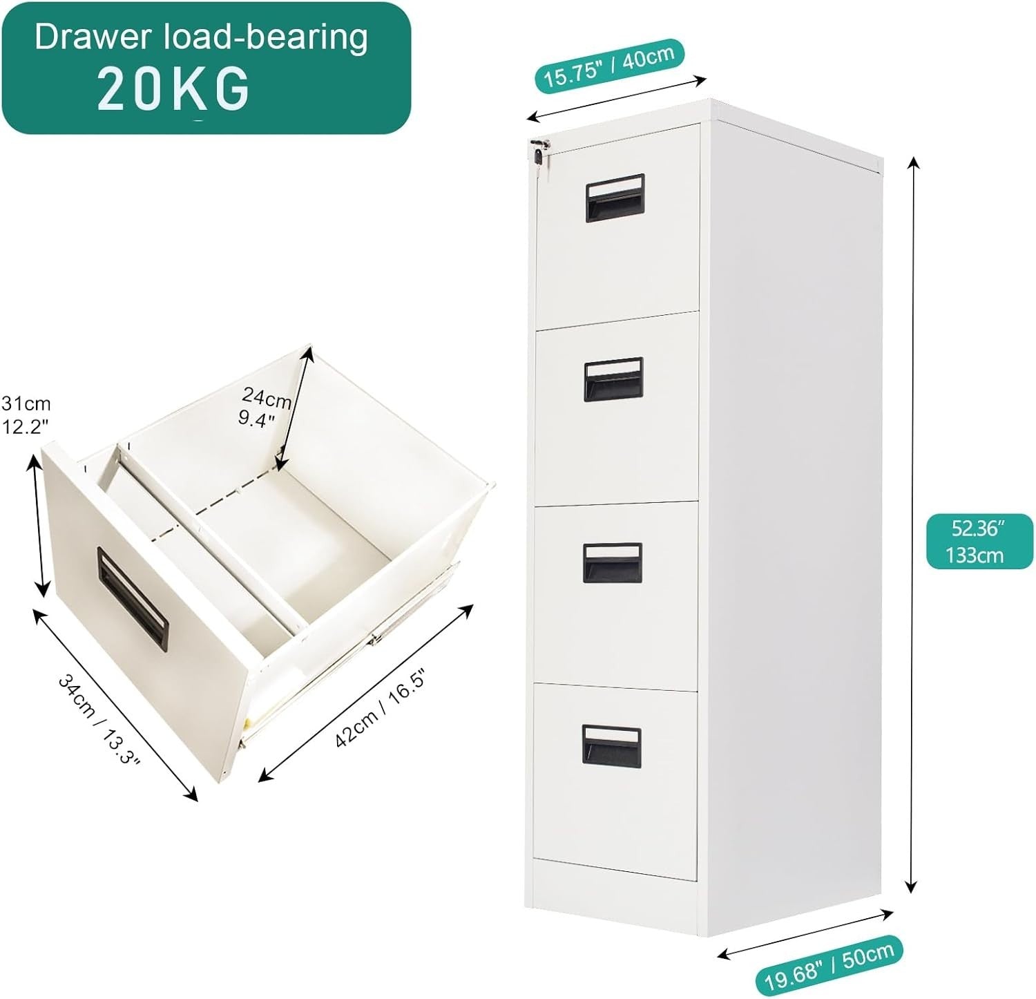 Light Grey 4 Drawer Lockable File Cabinet 50x40x133cm Steel