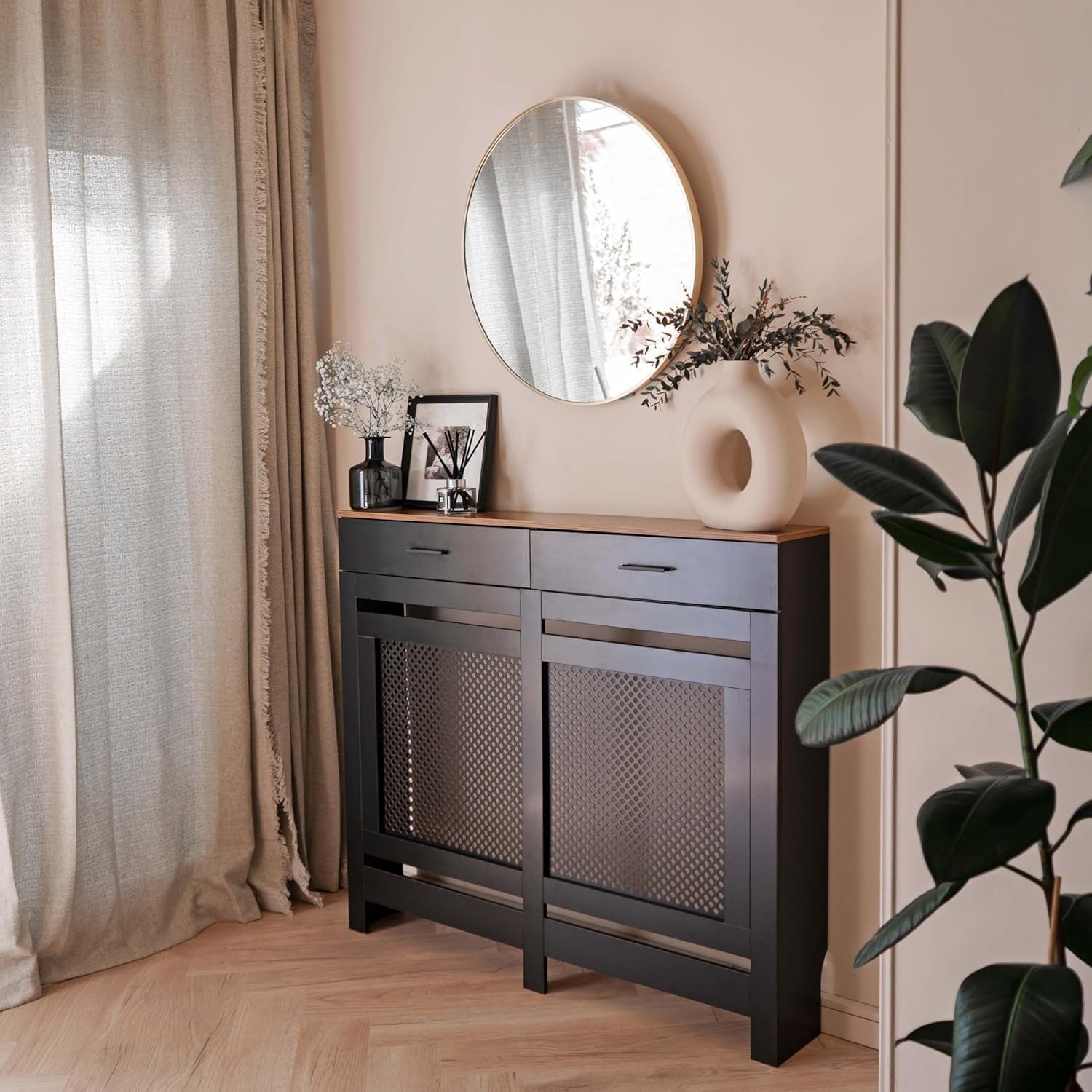 Black Radiator Cover with Drawer Diamond Slat W112xH96cm