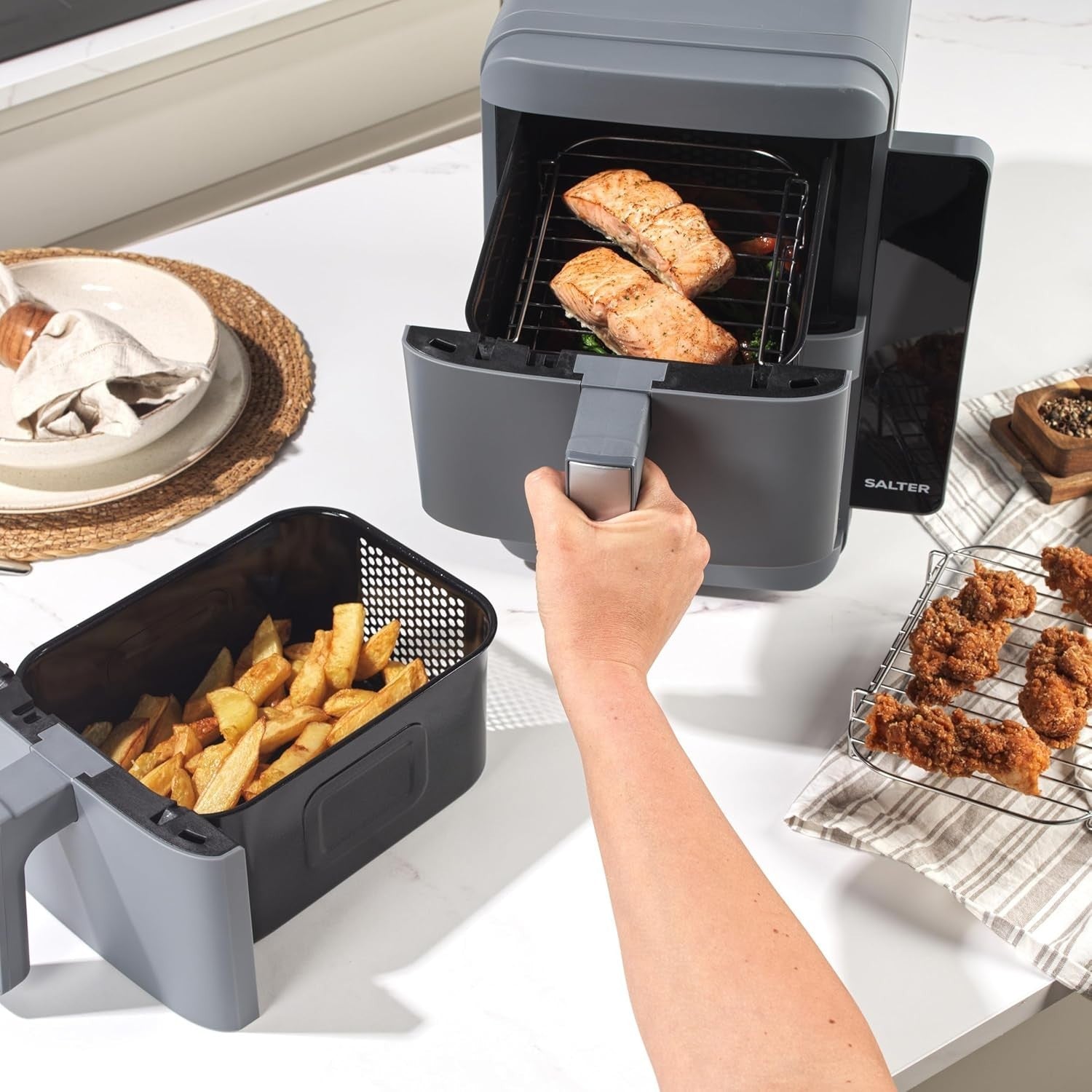Vertical Dual Drawer Air Fryer 9L  4-Layer Cooking, 9 Presets, Sync/Match, 2400W
