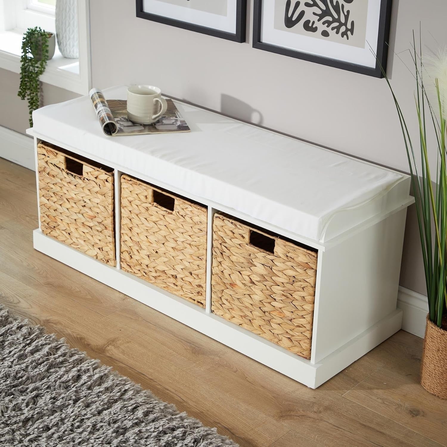 White Shoe Bench with Cushion & 3 Basket Drawers Hallway Storage 110x40x46cm