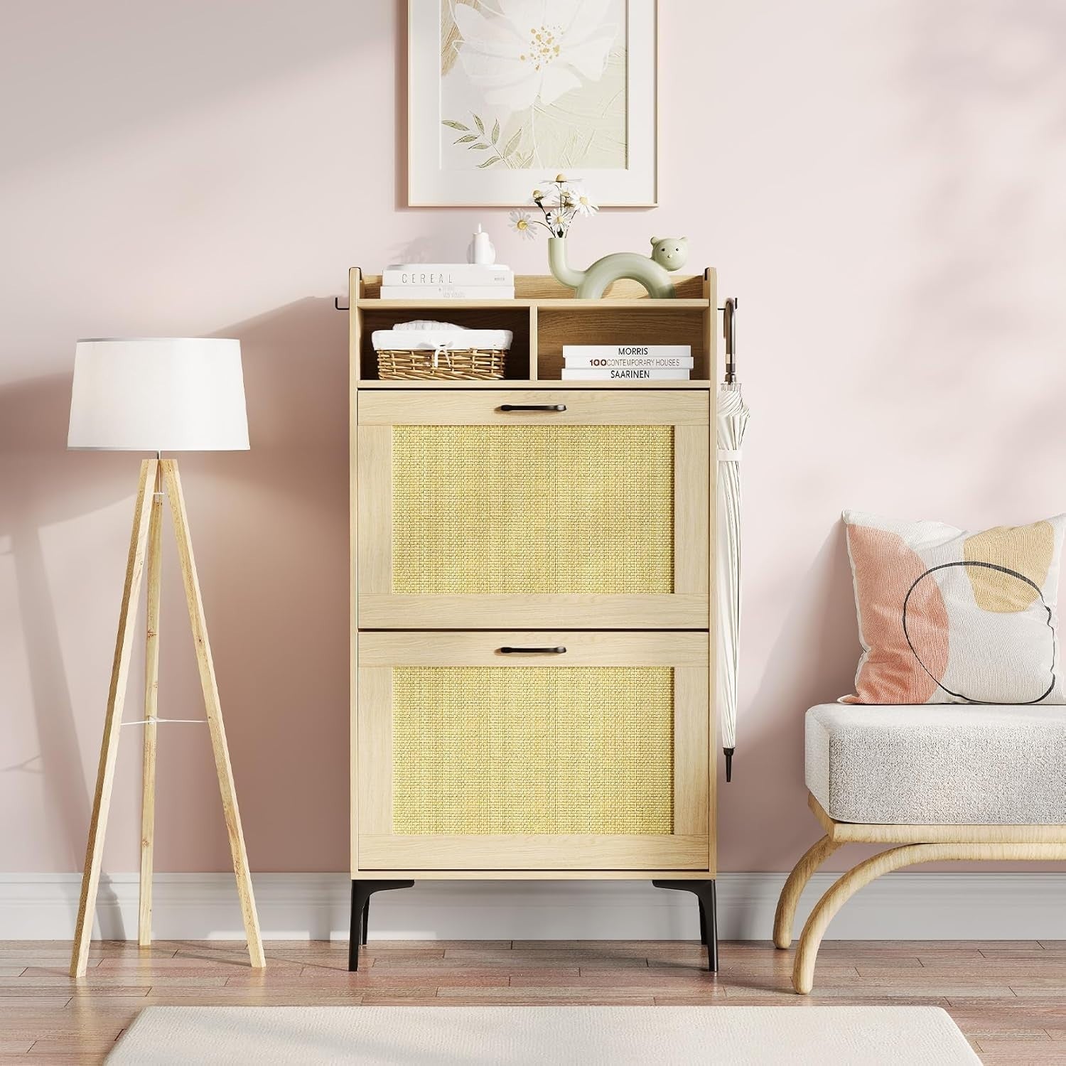 Compact Shoe Cabinet 2 Flip Drawers + Adjustable Dividers, Sturdy & Space-Saving