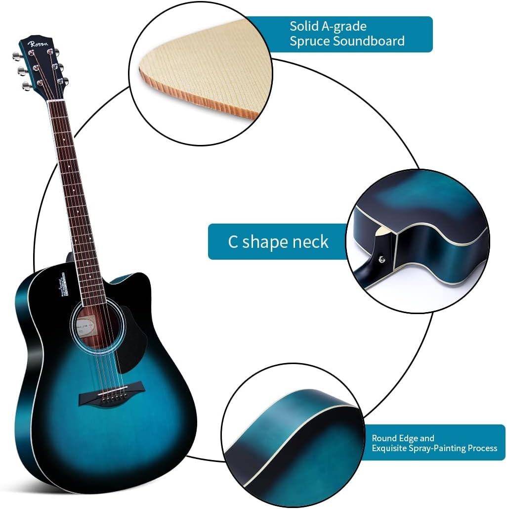 41in 4/4 Solid Top Dreadnought Acoustic Guitar Bundle Blue