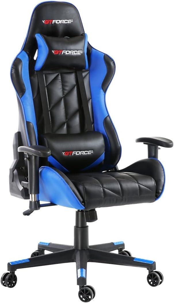 Reclining Gaming Chair Faux Leather Swivel High Back Blue