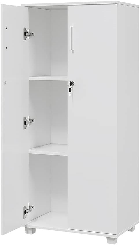 White Tall Lockable Storage Cabinet 2 Door Slim Office Filing Cupboard