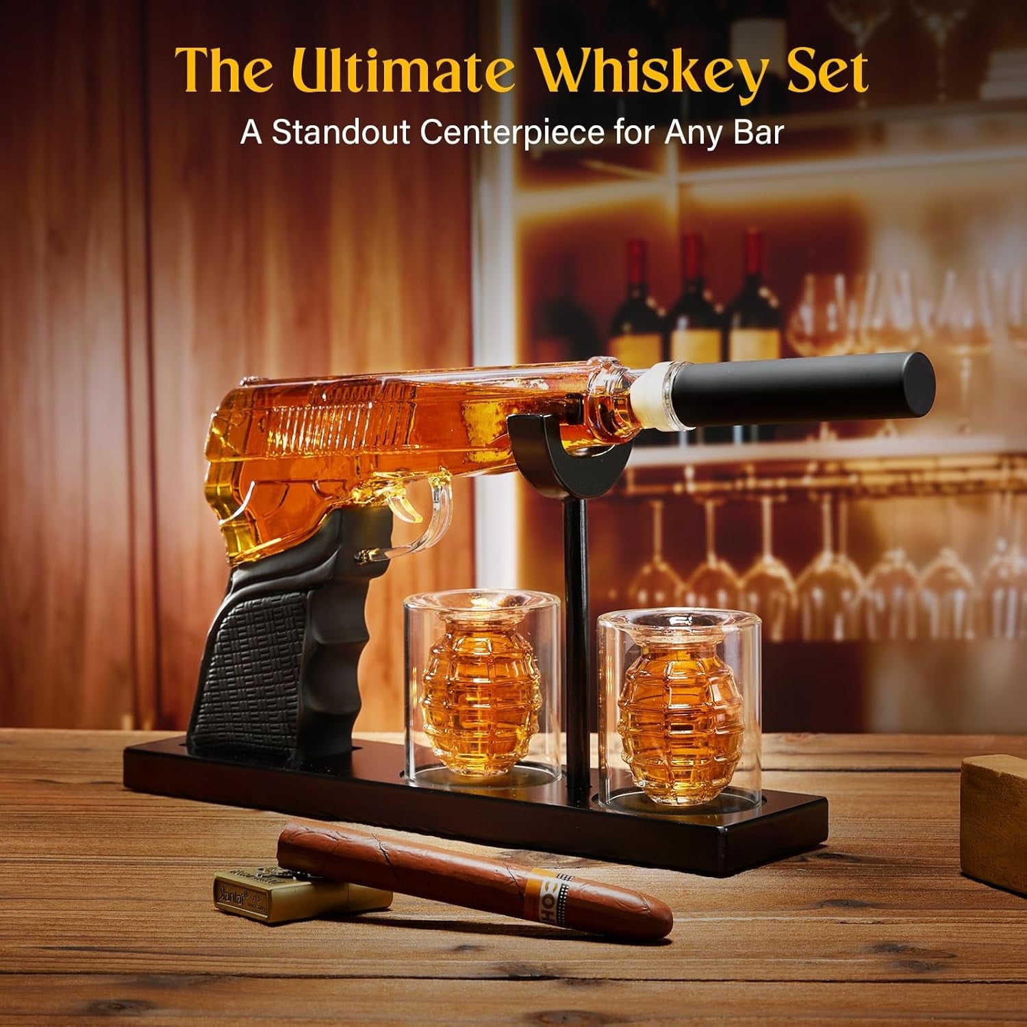 Gun Whiskey Decanter Set with 2 Grenade Glasses | 400ML Liquor Gift Set Men