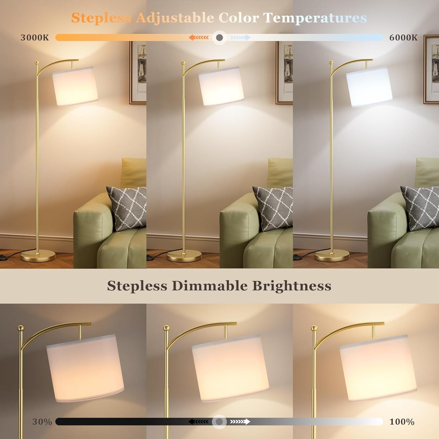Gold Arc Floor Lamp Dimmable LED Remote Control Modern Standing Light