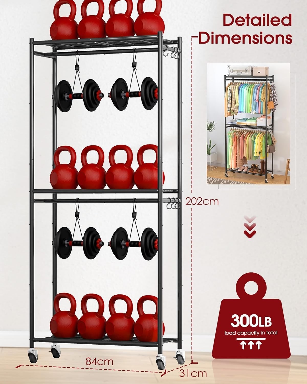 Heavy Duty Clothes Rail with Shelves & Wheels – Black 202cm