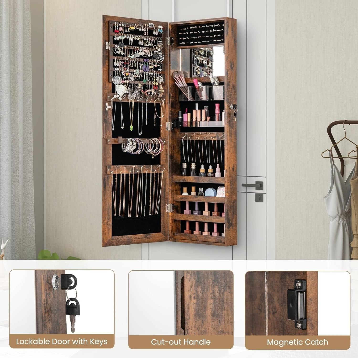 Rustic Brown Mirrored Jewelry Cabinet Wall Mount Lockable Slim Storage