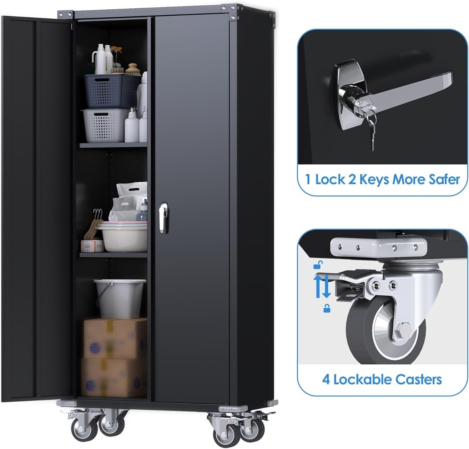 Heavy Duty Metal Garage Storage Cabinet with Wheels, Lock & Shelves