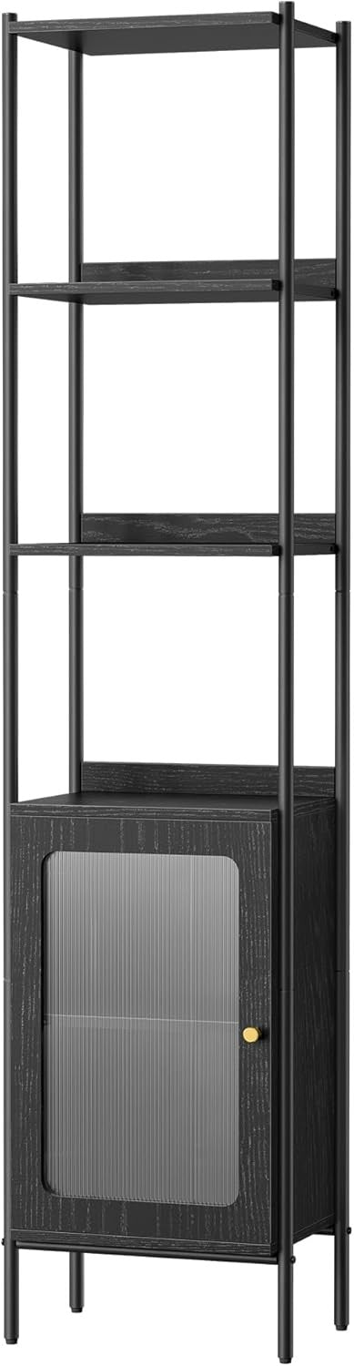 6-Tier Tall Bookcase with Cabinet – Modern Black Shelving Unit for Home & Office