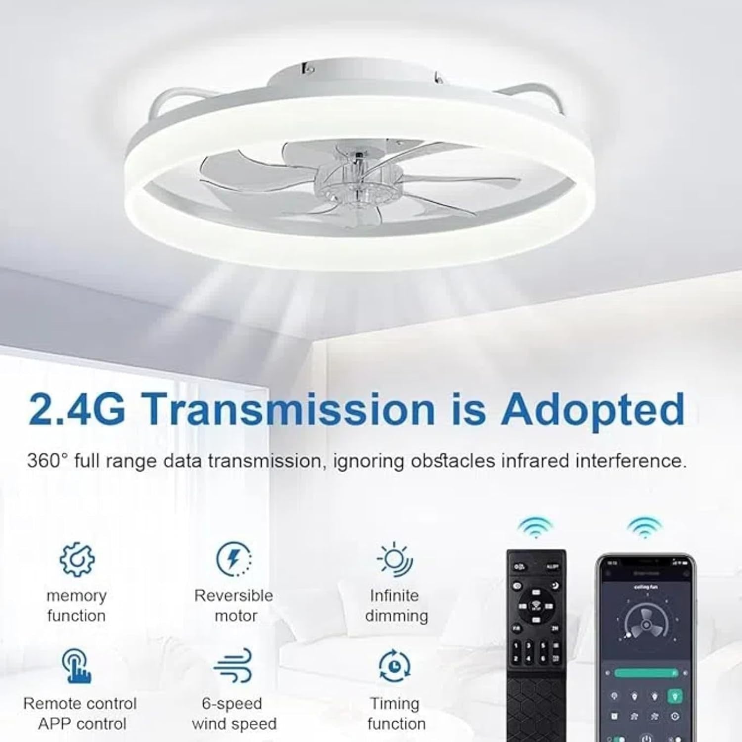 50cm Ceiling Fan Light, Remote & App, 6 Speed, Quiet Dimmable LED