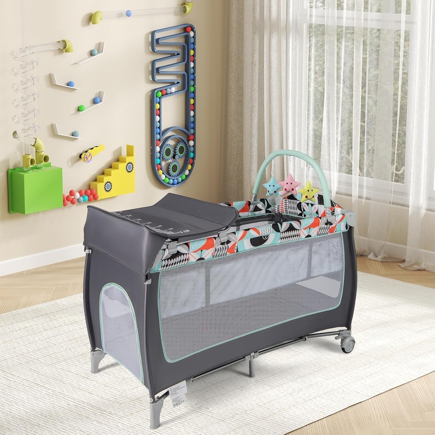 4in1 Baby Travel Cot Foldable Crib with Mattress, Changer & Storage Grey Blue