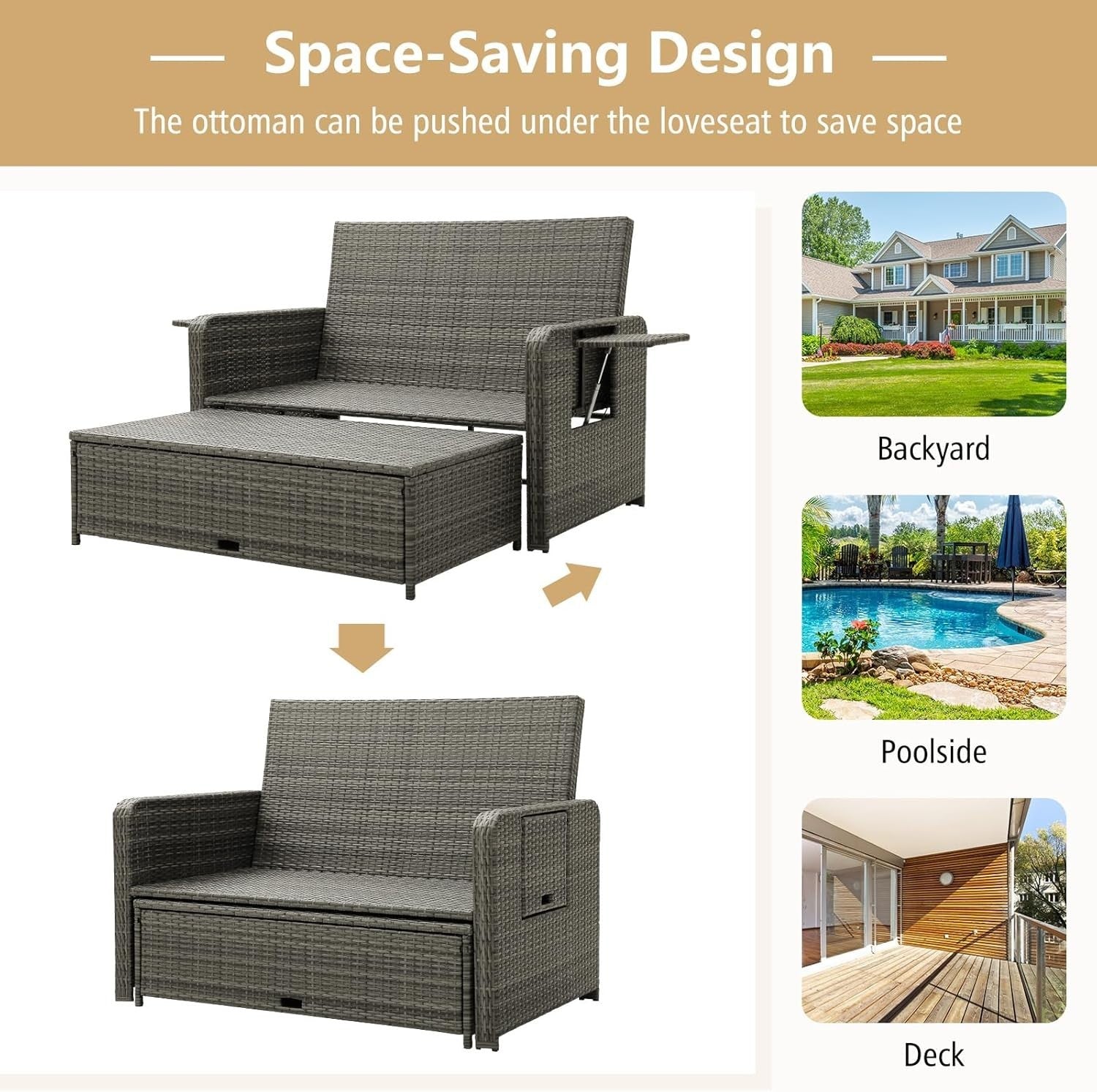 Beige+Grey 2-Seater Rattan Outdoor Daybed with Adjustable Back, Ottoman & Cushio