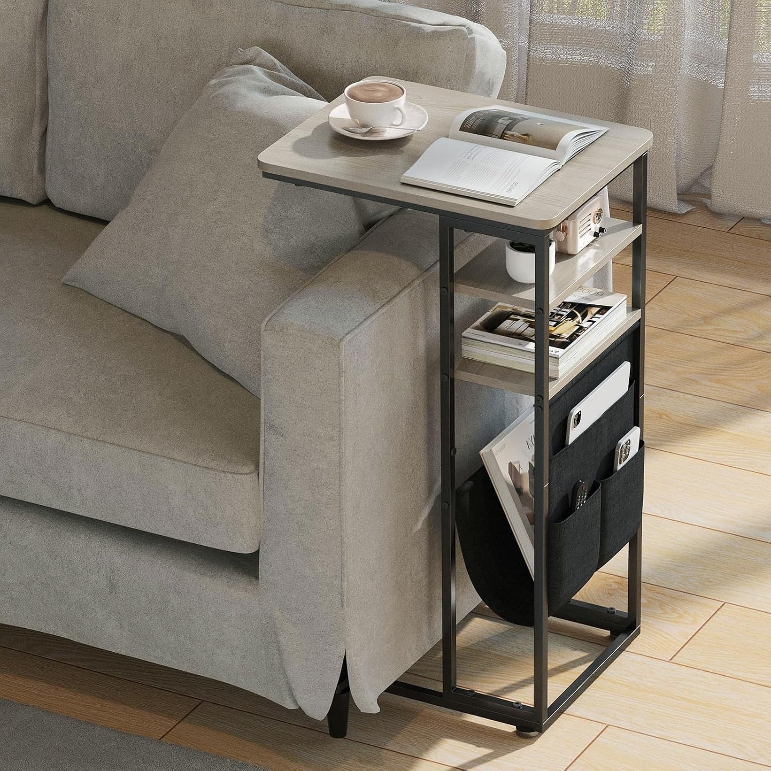 Slim C-Shaped End Table with Storage Bag | Adjustable, Sturdy Metal Frame for Sm