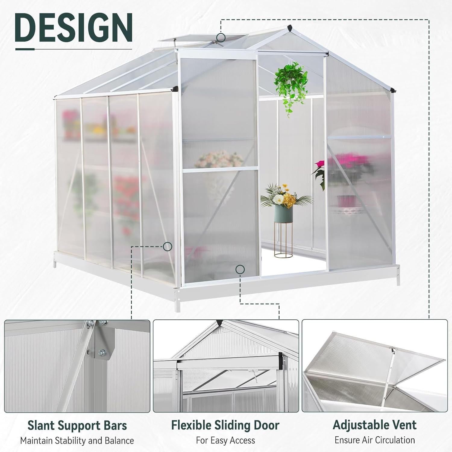 8x6FT Polycarbonate Walk-In Greenhouse with Base – Aluminium Frame, UV Resistant