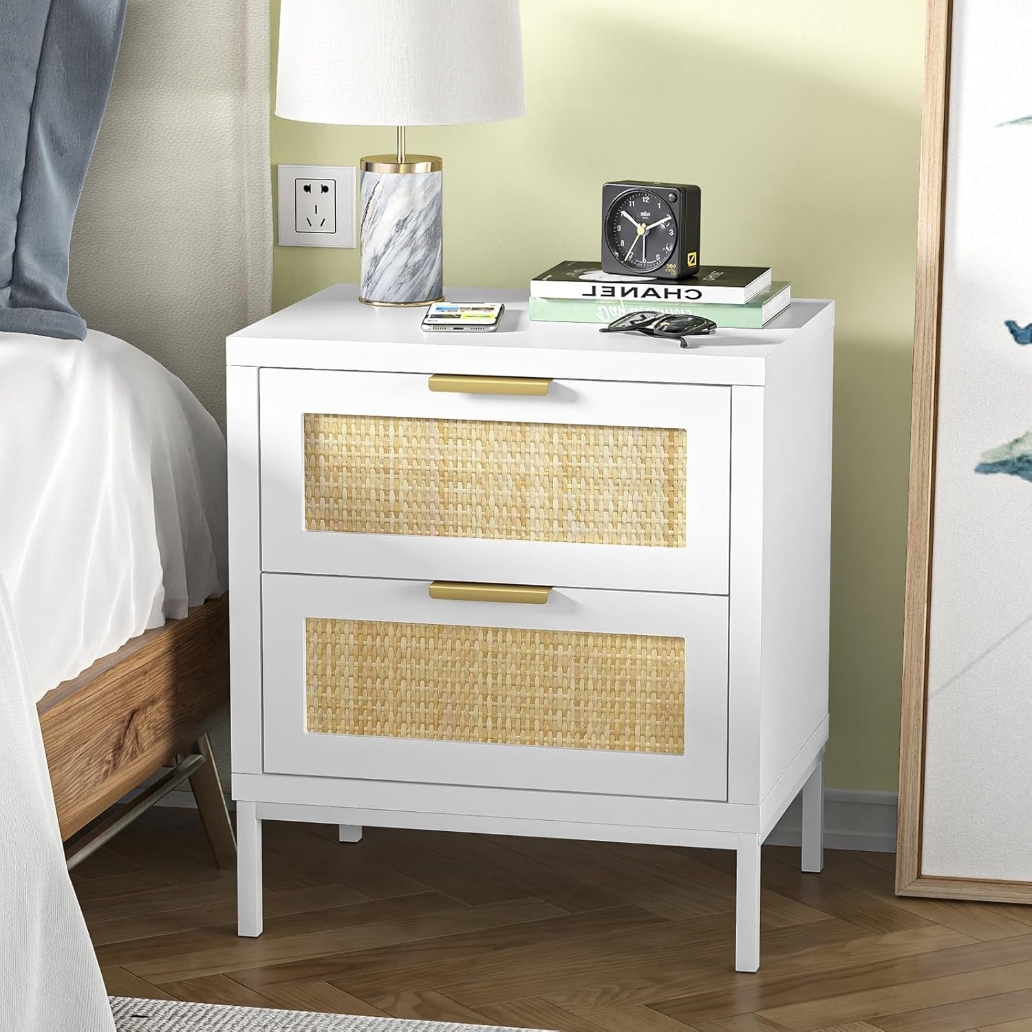 Set of 2 White Rattan Bedside Tables with Drawers – Modern Scandi Style