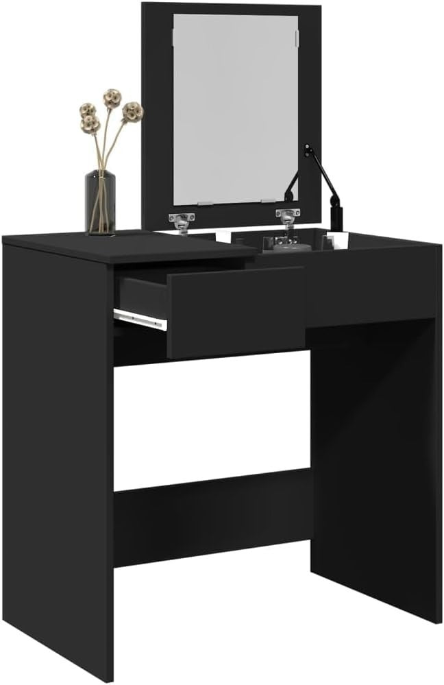 Modern Black Dressing Table Makeup Vanity Desk Storage Drawer Mirror Set