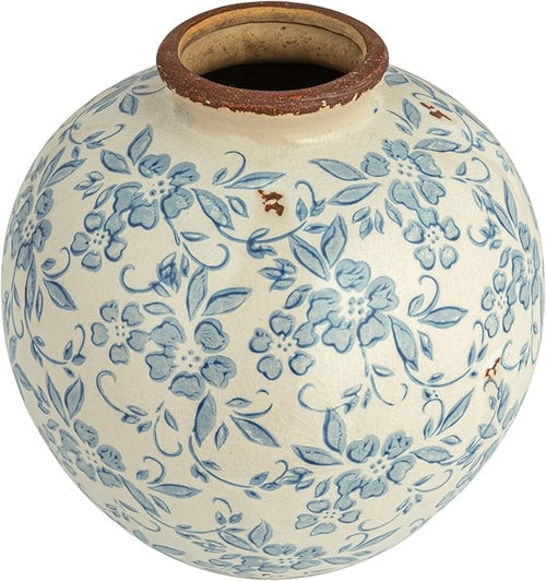 Blue Terracotta Floral Vase Crackle Finish Decorative Table Home Decor