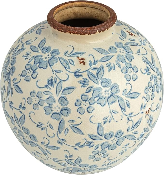 Blue Terracotta Floral Vase Crackle Finish Decorative Table Home Decor