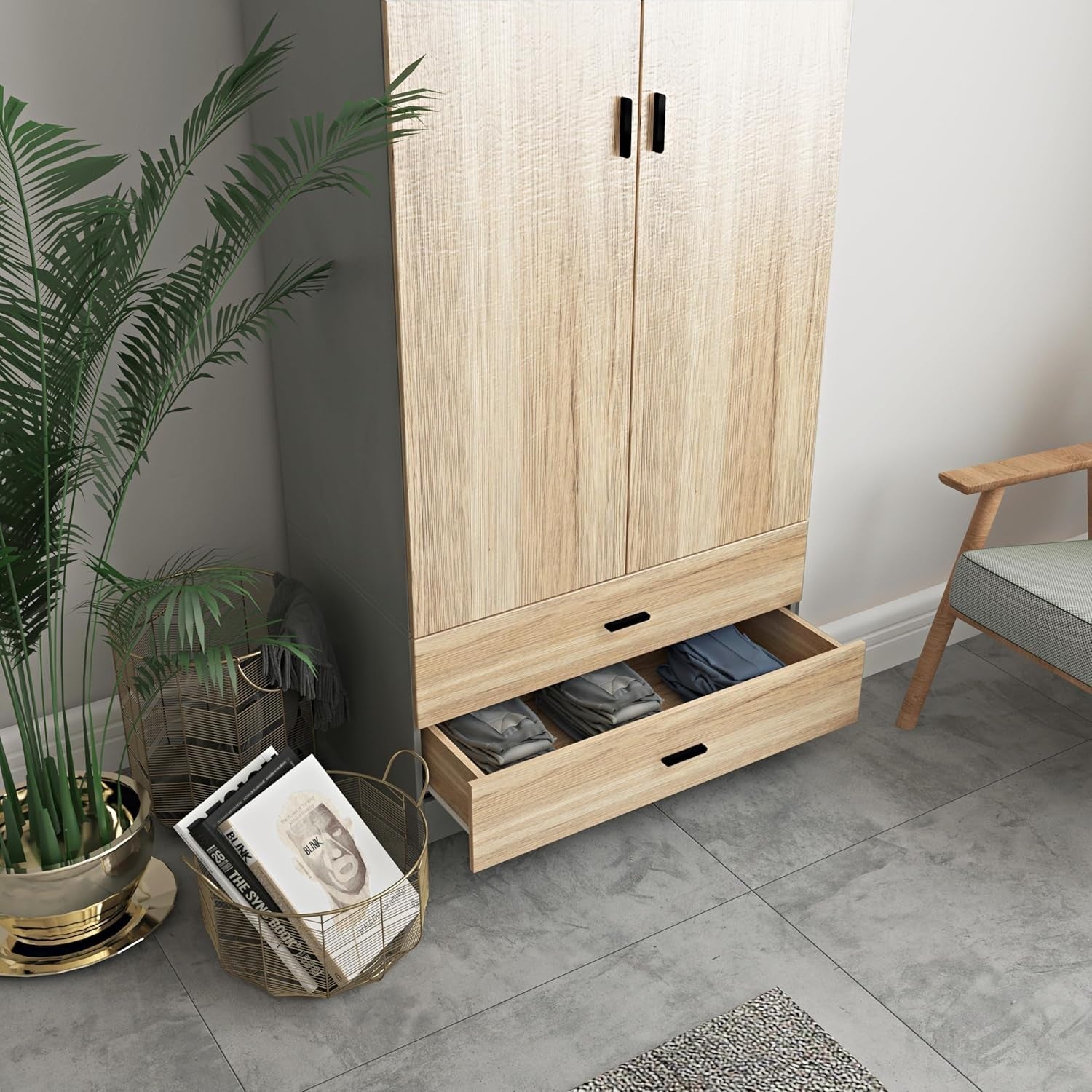 Modern 2 Door Wardrobe Oak Drawers & Hanging Rail | Bedroom Storage Unit