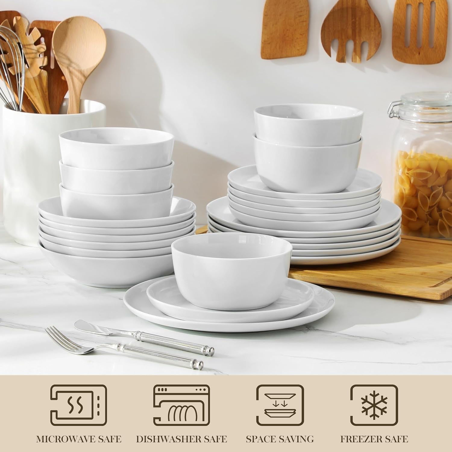 24pc Porcelain Dinnerware Set Plates Bowls Microwave Dishwasher