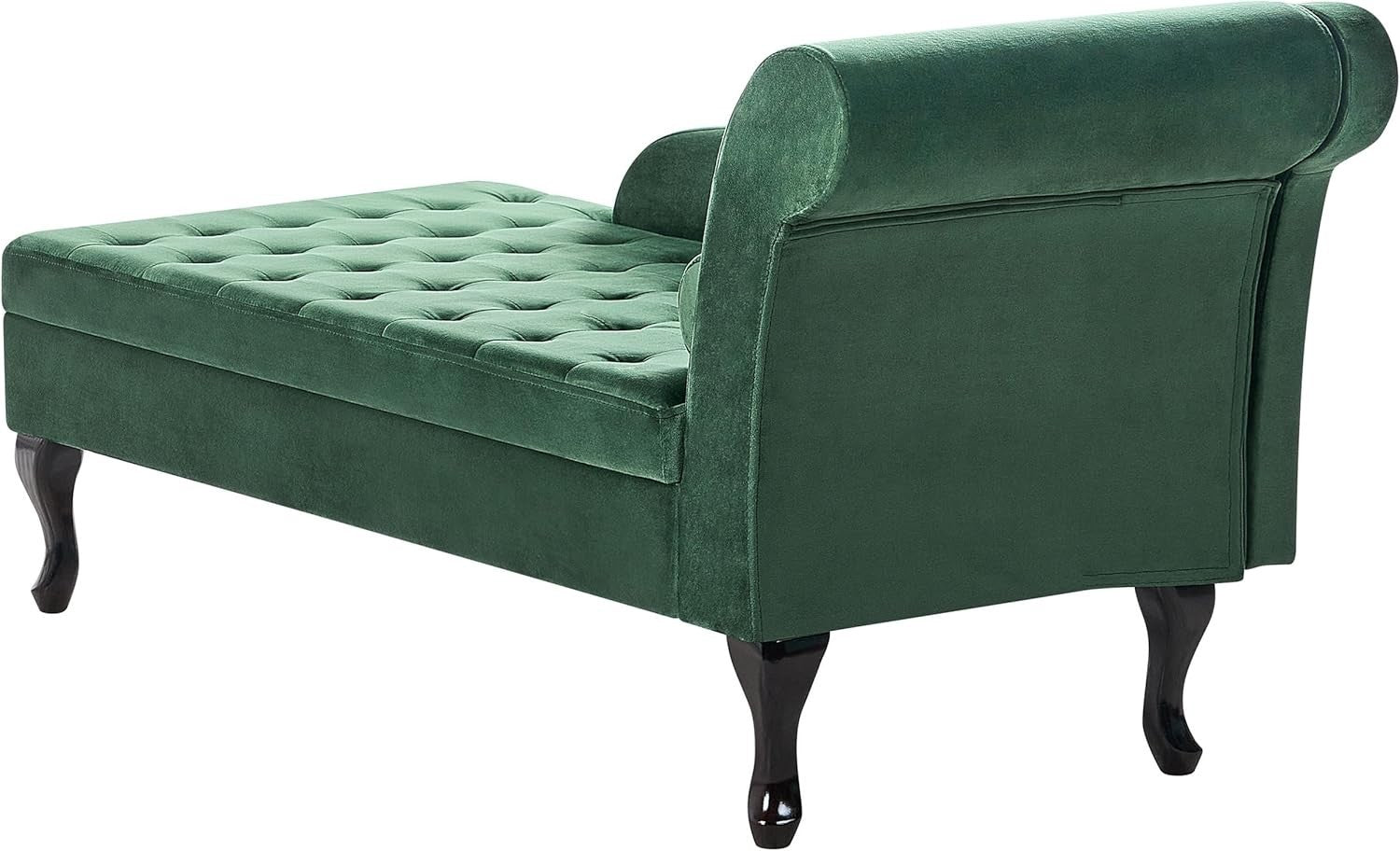 Velvet Right Hand Chaise Lounge with Storage & Cushion, Wooden Legs, Dark Green