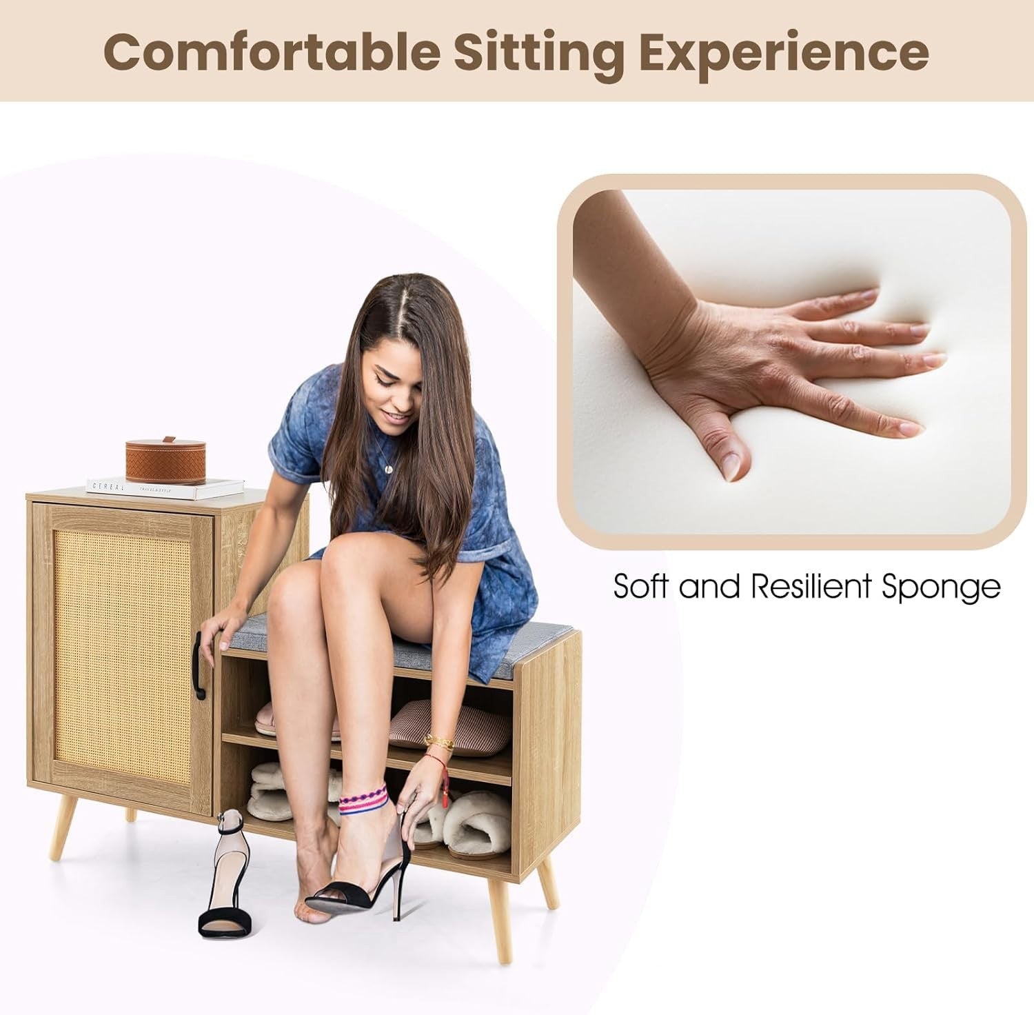 Rattan Shoe Cabinet Bench with Cushion Adjustable Shelves Pine Wood Legs Unit