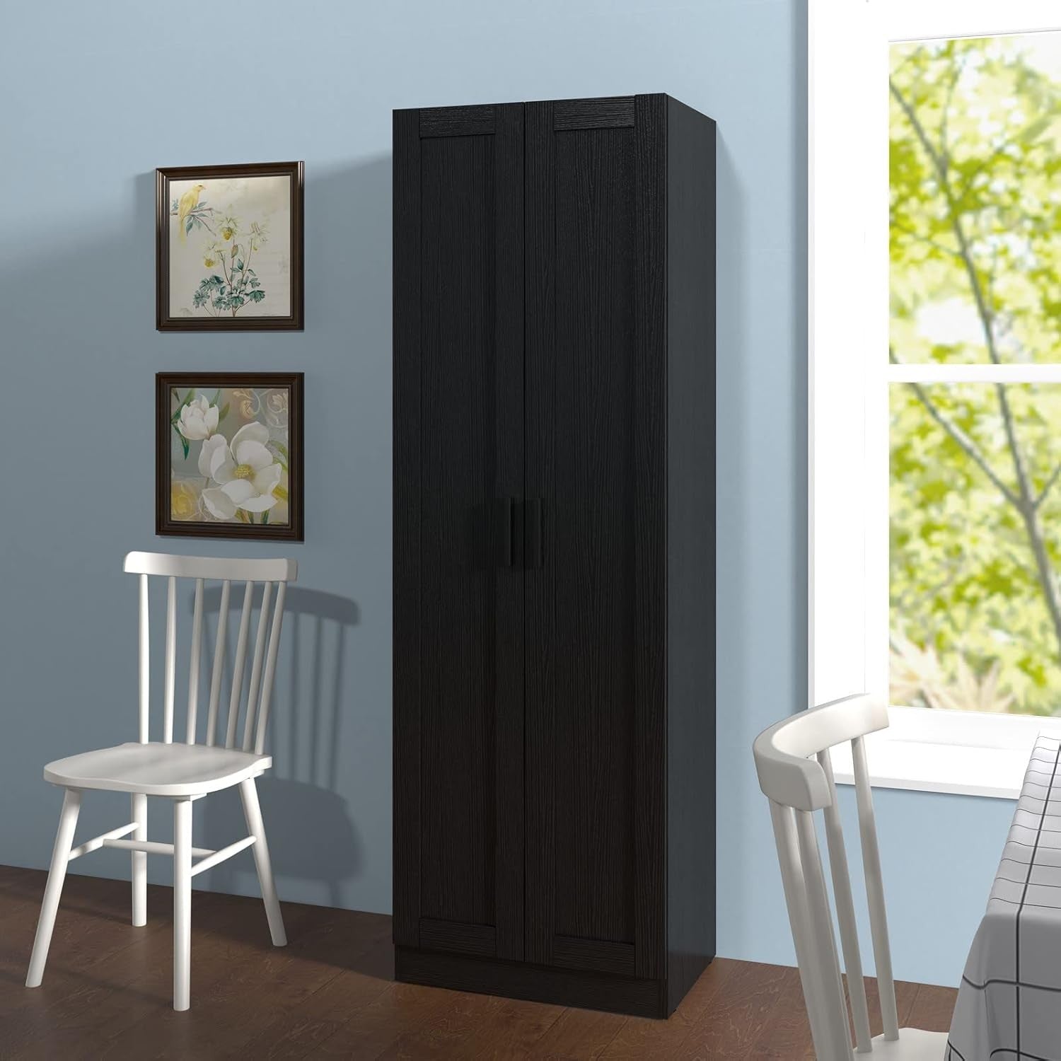 Tall Black Storage Cupboard 2 Door Wooden Cabinet with Adjustable Shelves