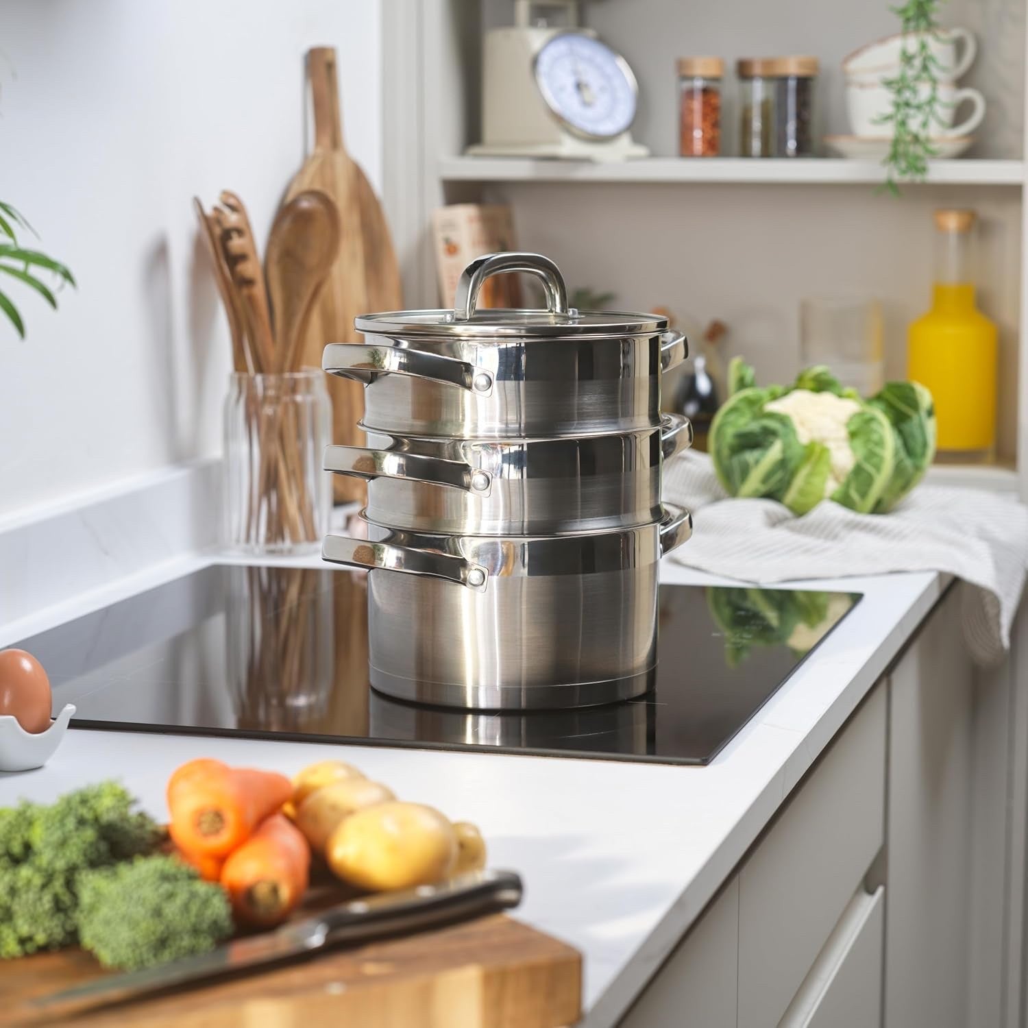 3 Tier Stainless Steel Induction Steamer Pot – 18 cm Stackable Cooking Pans