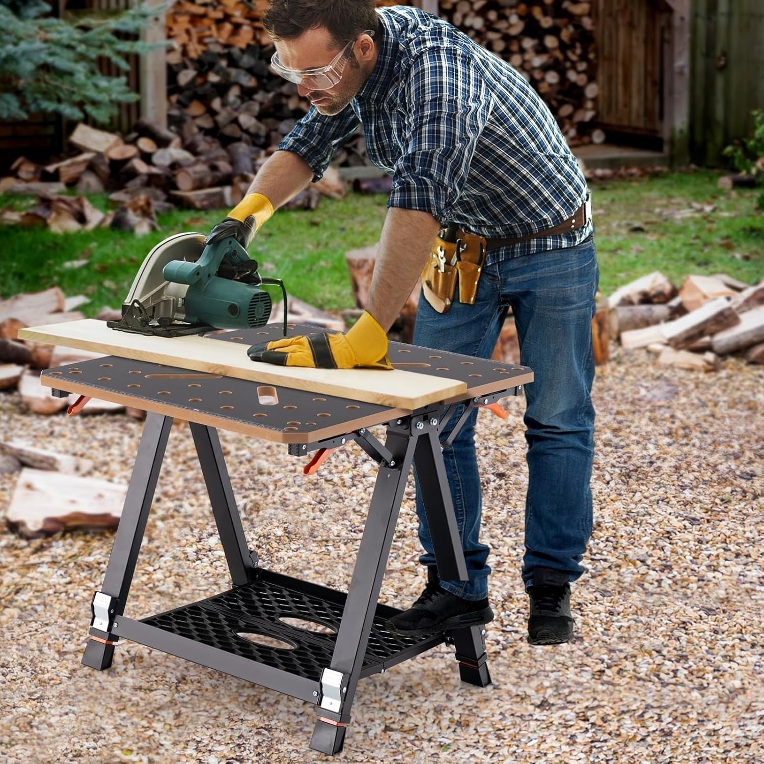 2-in-1 Folding Workbench & Sawhorse 8-Height 450kg Clamps Tool Stand 70x65