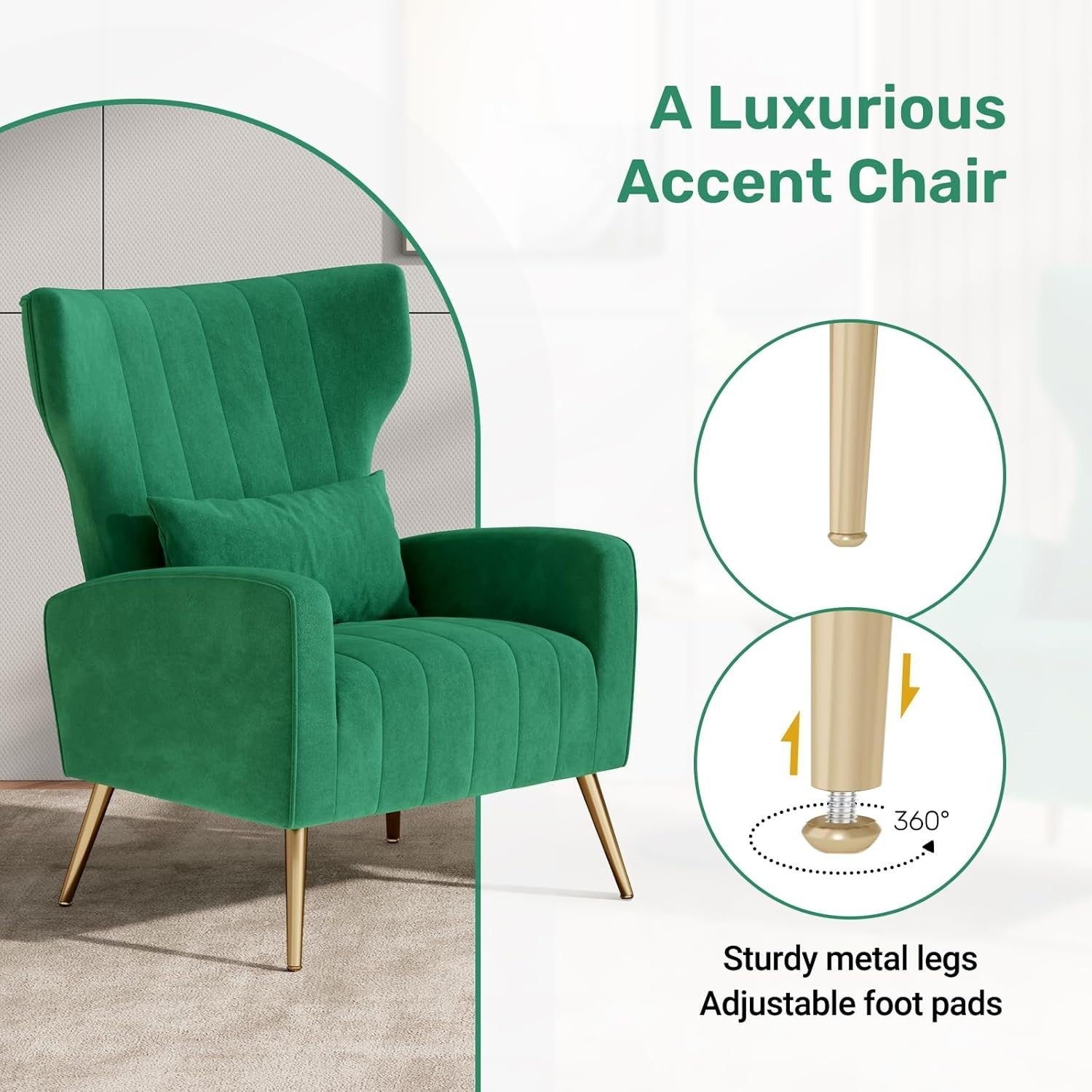 Green Velvet Recliner Armchair Gold Legs Accent Lounge Chair Modern Seat