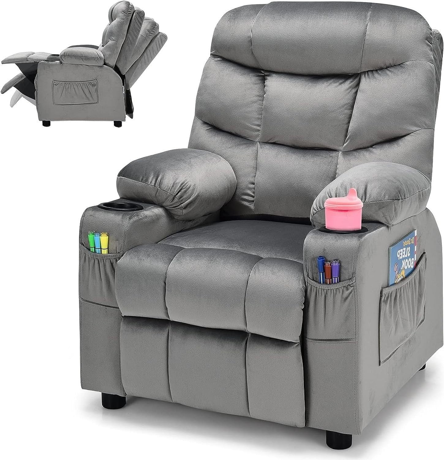 Adjustable Kids Recliner Chair with Footrest, Cup Holders & Side Pockets