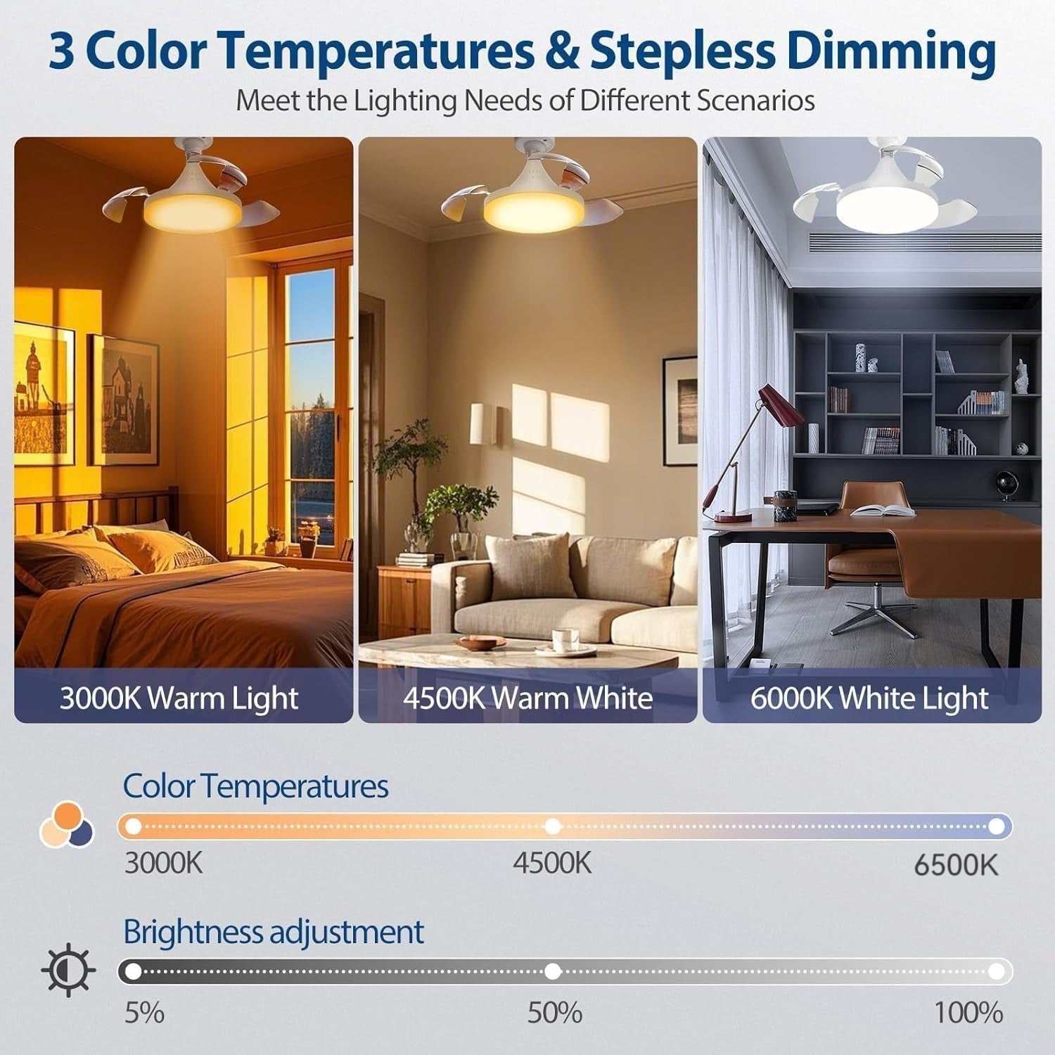 Ceiling Fan Light, 40W Retractable Smart Fan, 4 Speeds, 3 Colors, Remote, LED