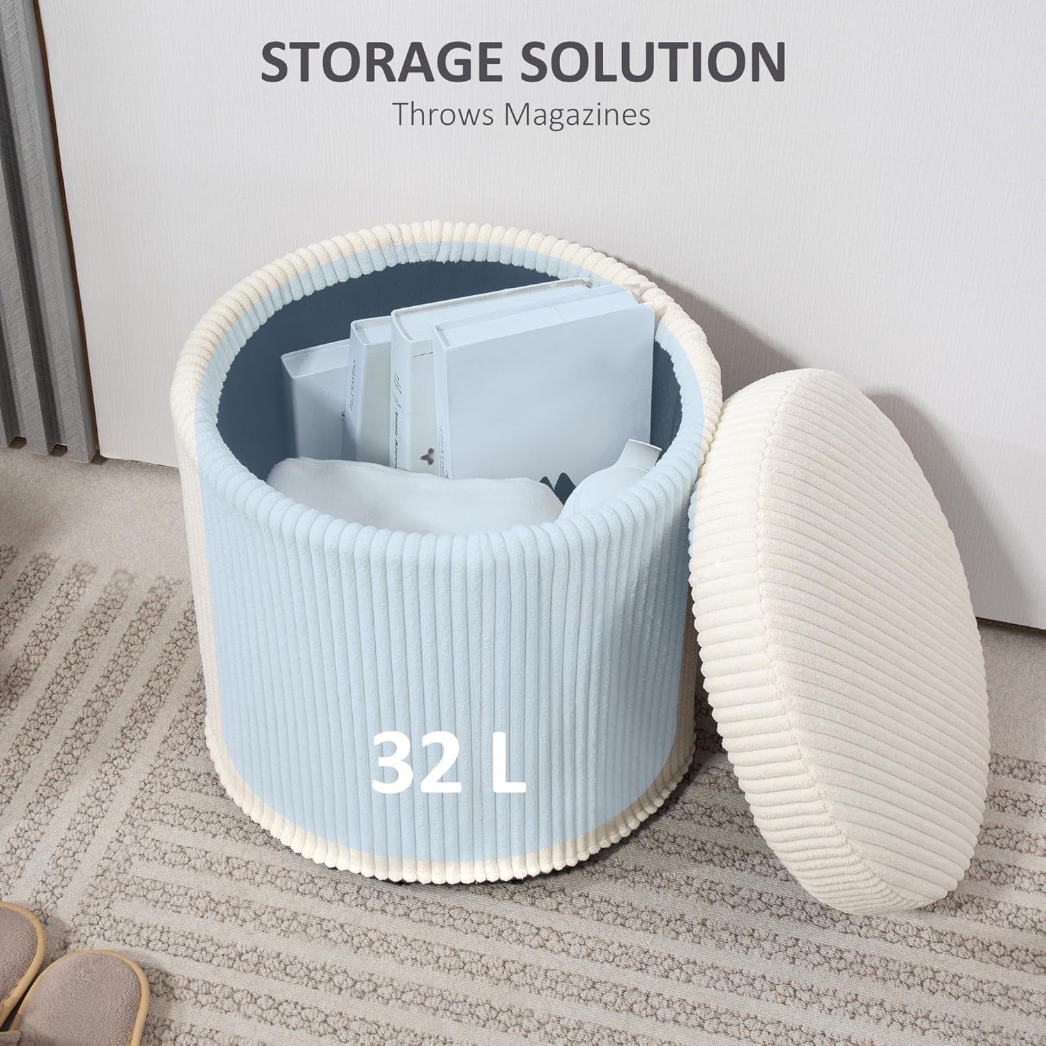 Beige Corduroy Storage Ottoman Round Footstool 40cm Padded Seat with Legs