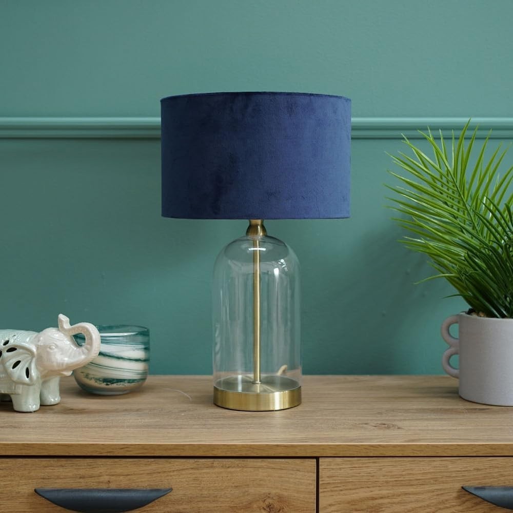 Gold Glass Table Lamp Navy Velvet Shade Bedside Desk Lamp Bulb