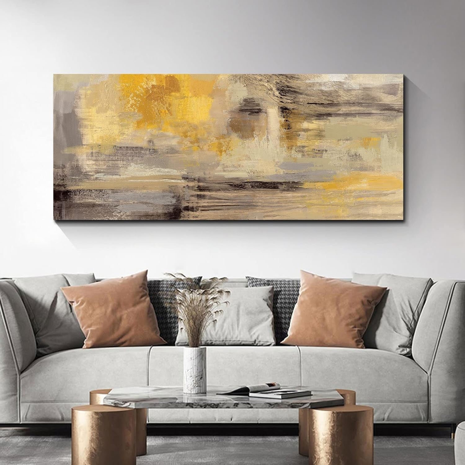 Large Abstract Canvas Wall Art Mustard Yellow Grey Framed 120x50cm